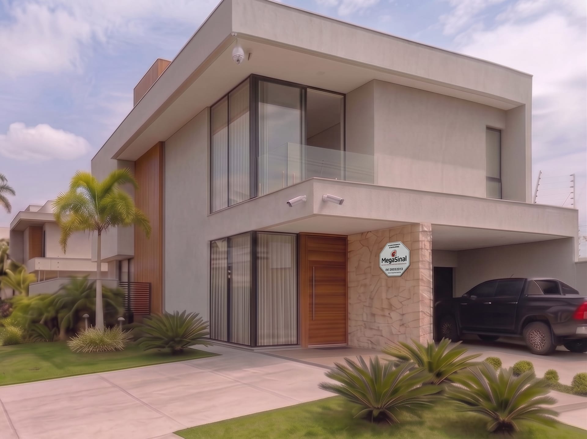 Entrada de residência com porta aberta e carro na garagem, imóvel protegido por sistema de segurança MegaSinal
